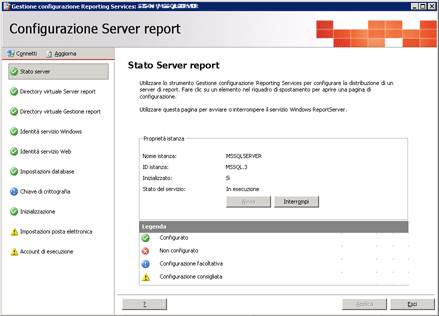 Pagina iniziale dello strumento Gestione configurazione Reporting Services