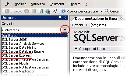Filtro relativo a SQL Server Express nella documentazione in linea