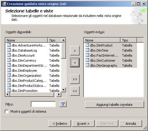 Pagina Selezione tabelle e viste della procedura guidata