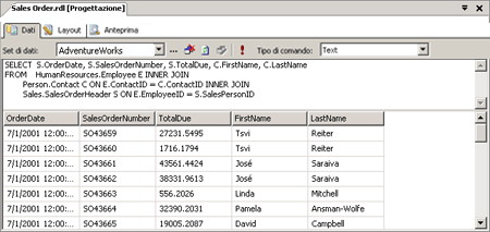 Query di report nella finestra di progettazione query standard