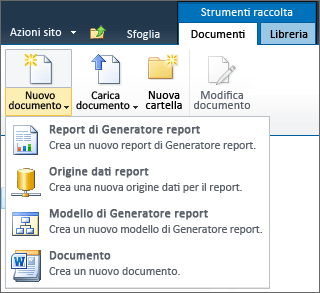 Elementi di SSRS nel menu Nuovo documento di SharePoint