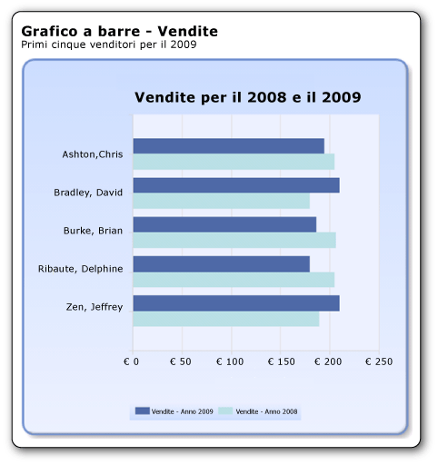 Grafico a barre in cui sono indicate le vendite per il 2008 e il 2009
