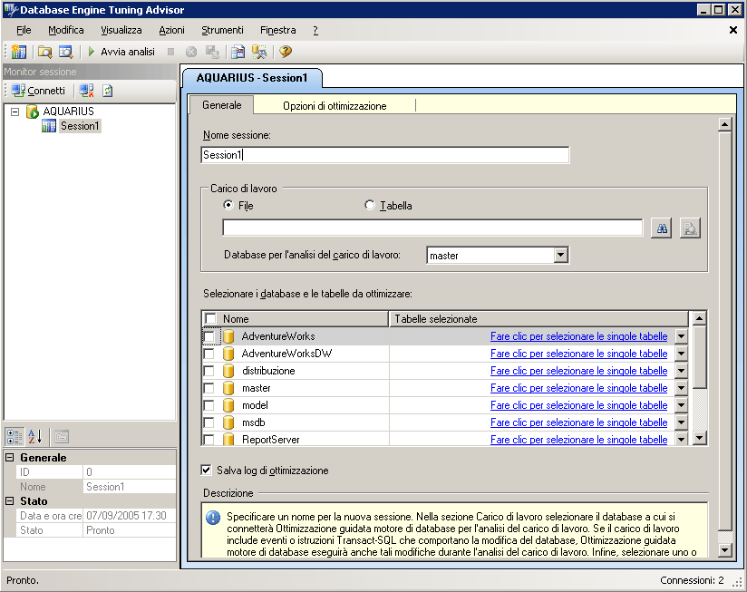 Finestra predefinita di Ottimizzazione guidata motore di database