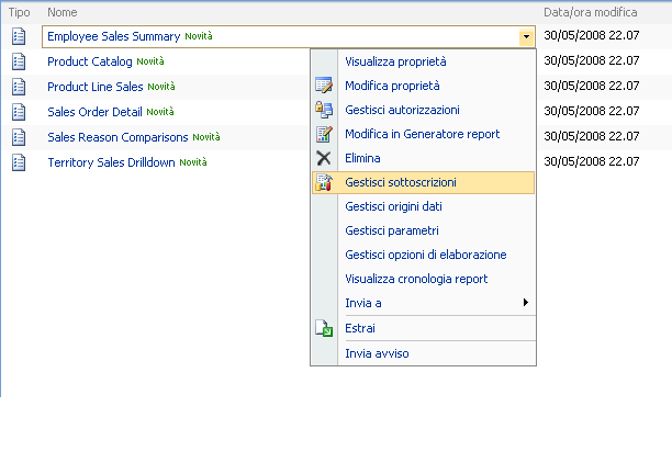 Comandi di menu per gli elementi del server di report