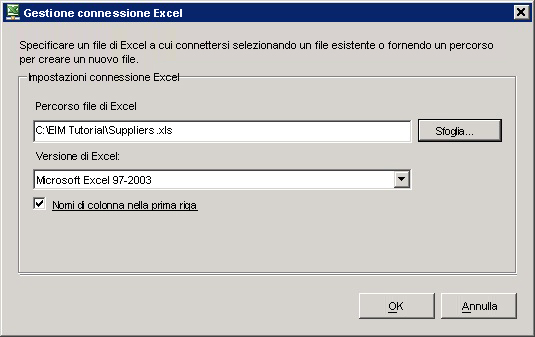 Finestra di dialogo Gestione connessioni di Excel
