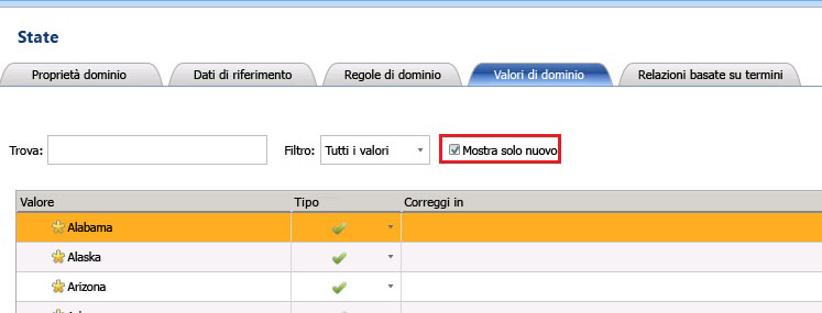 Casella di controllo Mostra solo nuovo in Valori di dominio