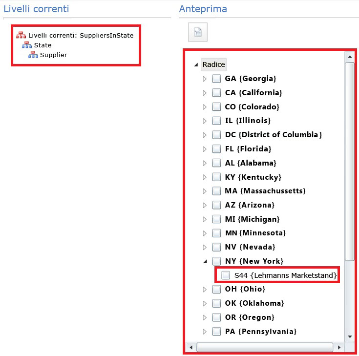 Livelli correnti e anteprima della gerarchia derivata