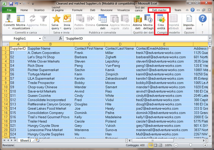 Excel - Scheda Dati master - Pulsante Crea entità