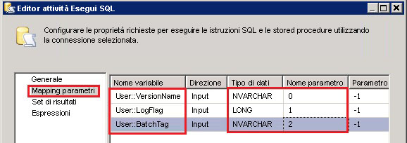 Editor attività Esegui SQL - Mapping parametri