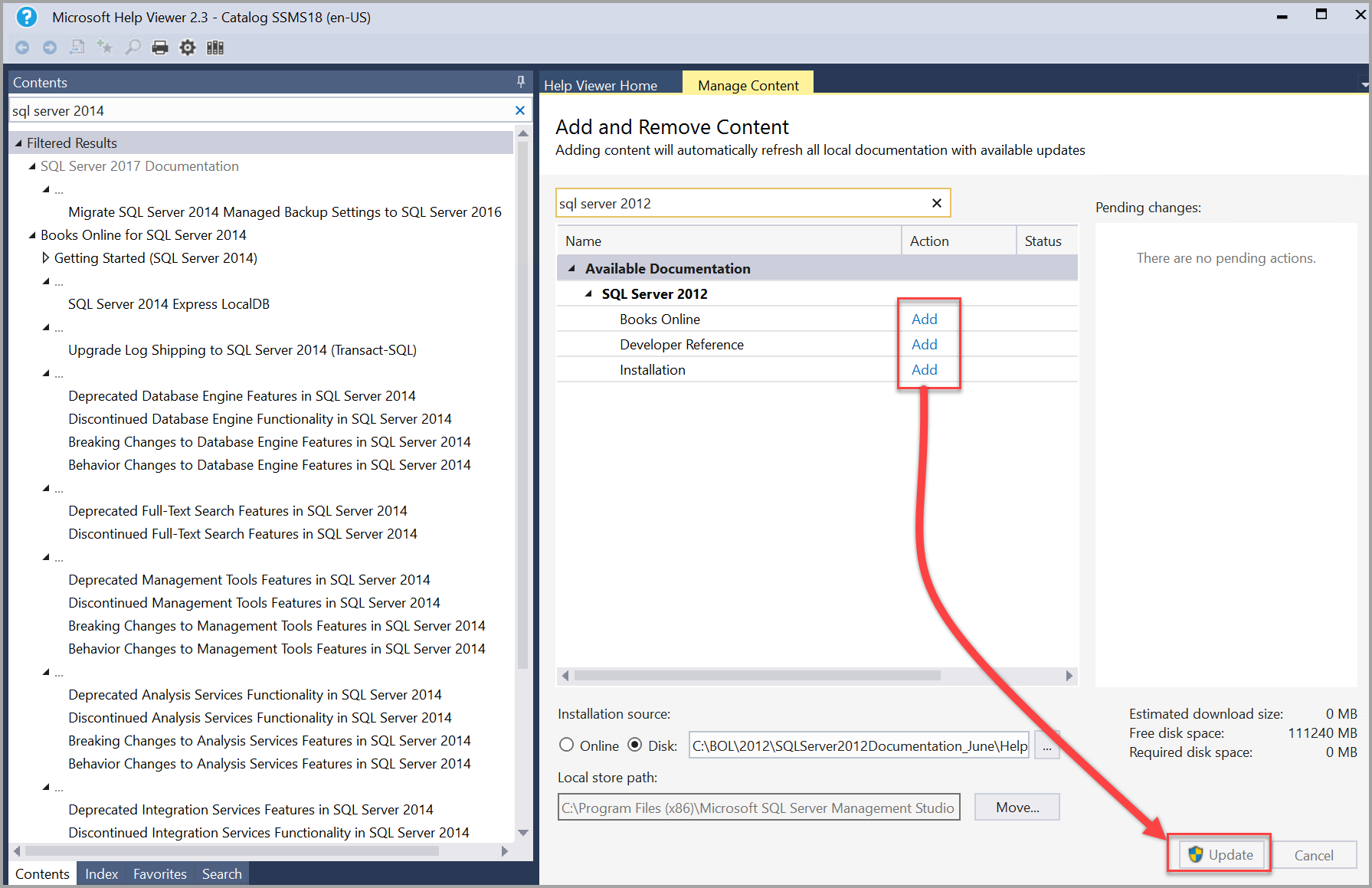 Aggiunta e aggiornamento della documentazione di SQL Server 2014 in Help Viewer
