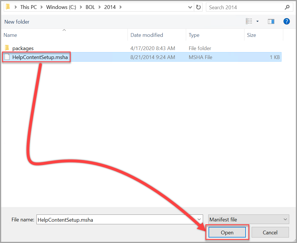 Aprire il file del contenuto della Guida per SQL Server 2014 Setup.msha