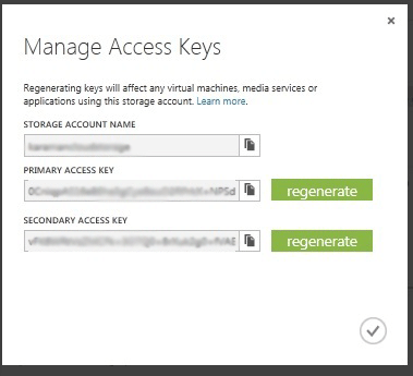 Screenshot delle chiavi dell'account di archiviazione