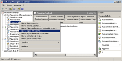 Figura 4 Avviare la procedura guidata per la creazione delle regole di trasporto per configurare una regola di trasporto su un server Trasporto hub.