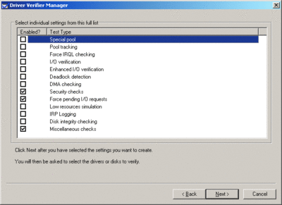 Figura 3 Driver Verifier con le opzioni di Windows Server 2008 attivate