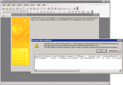 Figura 6 Incompatibilità tra gli schemi XSD in InfoPath 2007