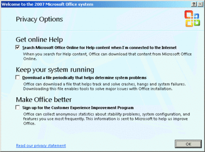 Figura 2 Finestra di dialogo Opzioni privacy in Office System 2007