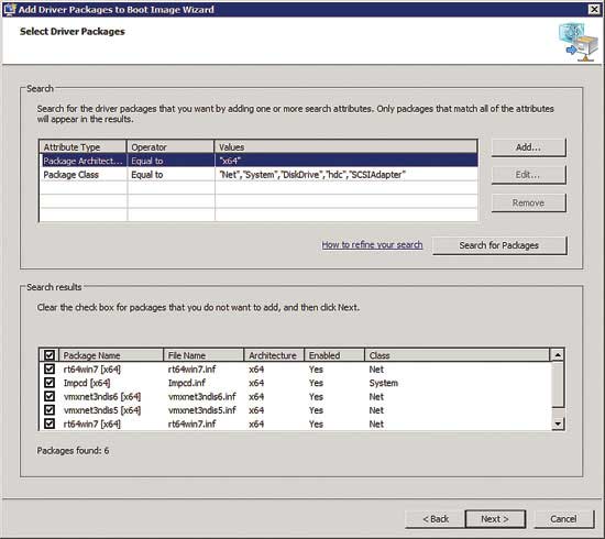 The Add Driver Packages to Boot Image Wizard
