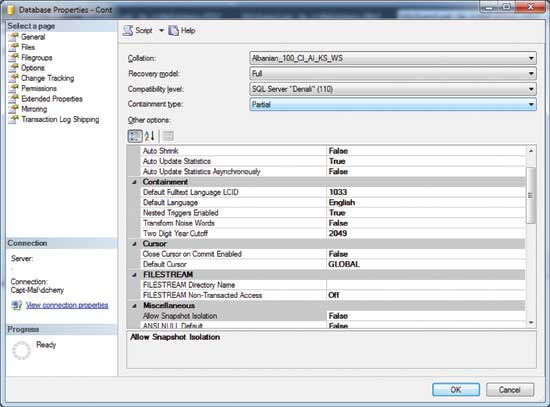 The Database Properties window lets you change the database containment setting