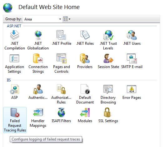 Screenshot che mostra il riquadro Home del sito Web predefinito e le regole di traccia delle richieste non riuscite sono selezionate.