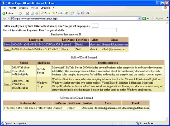 Risultati di query dell'applicazione per la valutazione delle competenze delle risorse umane in ASP.NET