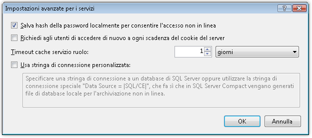 Finestra di dialogo Impostazioni avanzate per i servizi