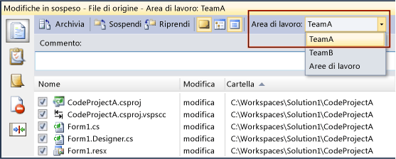 Modifiche in sospeso in un'area di lavoro selezionata