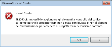 Errore che segnala che non è presente alcuna cartella del controllo del codice sorgente del progetto team