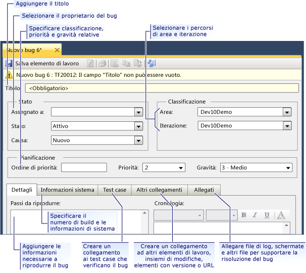 Form dell'elemento di lavoro per un bug