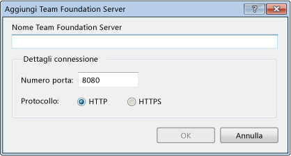 Finestra di dialogo Aggiungi Team Foundation Server per TFS 2008