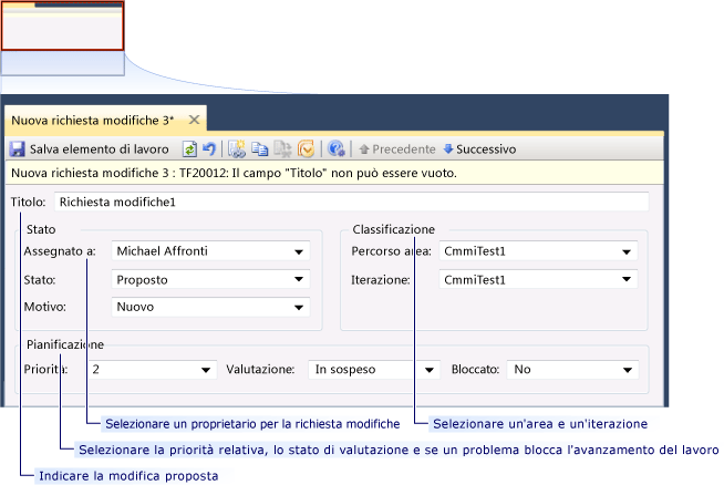 Form dell'elemento di lavoro richiesta modifiche