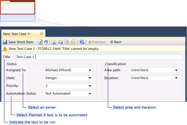 Inizio del form del test case, CMMI