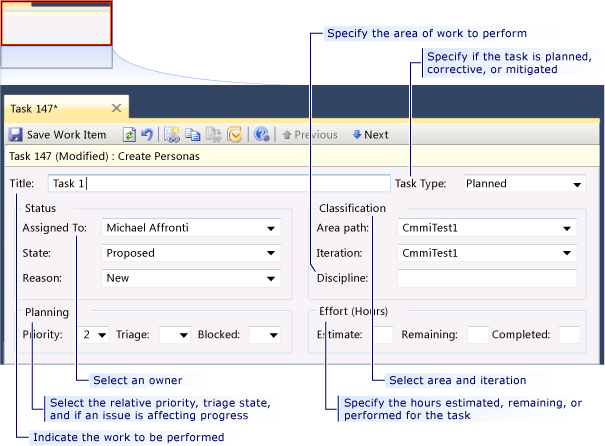 Form dell'elemento di lavoro attività CMMI