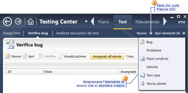 Creazione di un elemento di lavoro con Microsoft Test Manager