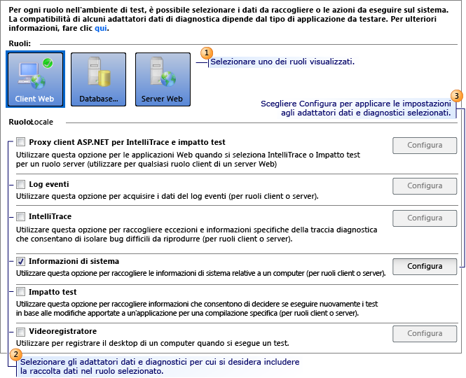 Pagina dei dati delle impostazioni del test e di diagnostica