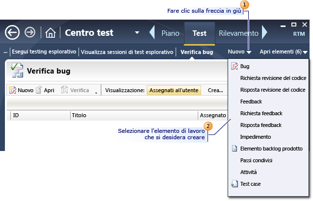 Creazione di un elemento di lavoro con Microsoft Test Manager