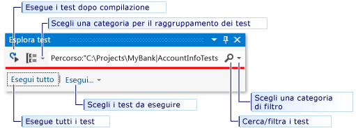 Eseguire test dalla barra degli strumenti di Esplora test