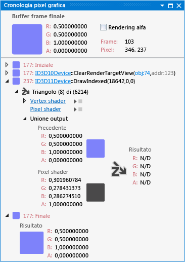 Un pixel con tre eventi Direct3D nella cronologia.