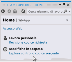 Home page di Team Explorer