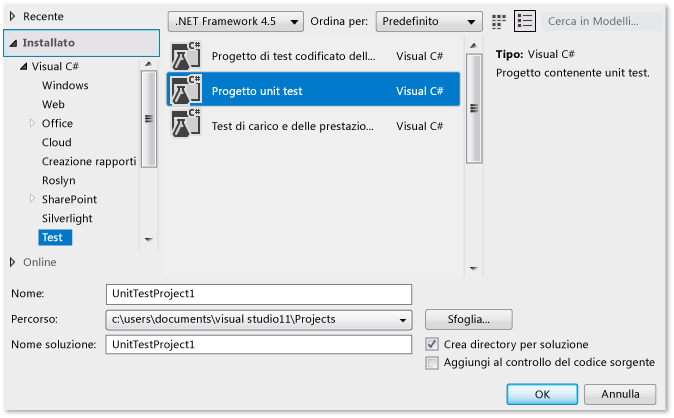 Finestra di dialogo Nuovo progetto di test