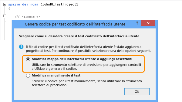 Scegliere l'opzione per modificare il mapping dell'interfaccia utente o aggiungere asserzioni