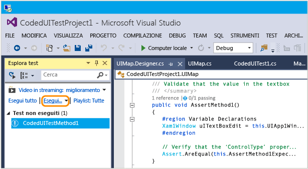 Eseguire il test codificato dell'interfaccia utente da Esplora test