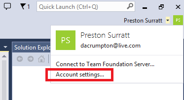 Menu Impostazioni account di Visual Studio