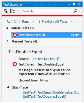 Unit Test Explorer showing failed test for equal