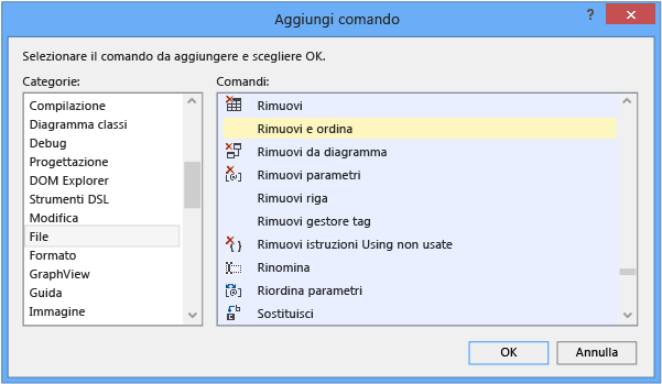 Finestra di dialogo Aggiungi comando in Visual Studio
