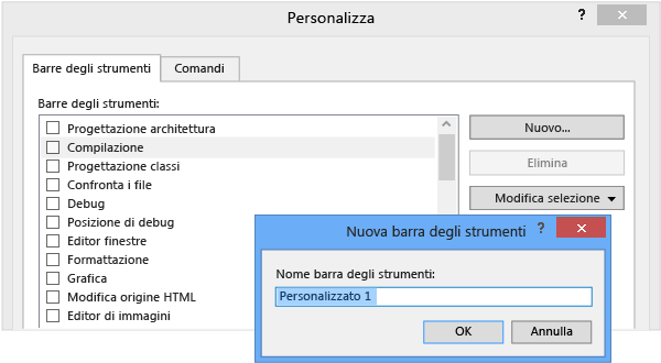 Finestra di dialogo Personalizza che mostra come aggiungere una barra degli strumenti