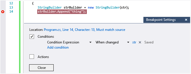 Visual Studio 2015 conditional breakpoint