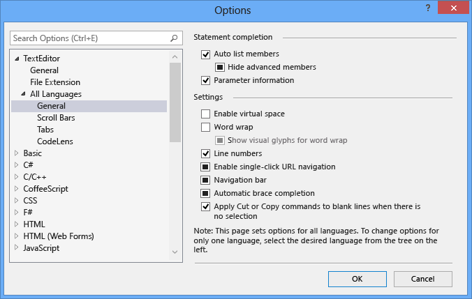 Visual Studio line numbers option