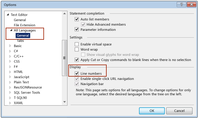 VS_DisplayLineNumbers Options for displaying line numbers in the editor