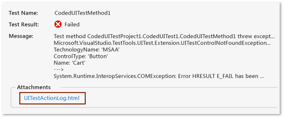 CUIT_HTMLActionLog2 Results and output links from coded UI test