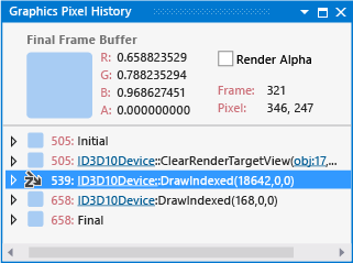 vsg_walkthru1_hist1 Pixel History window showing related draw calls